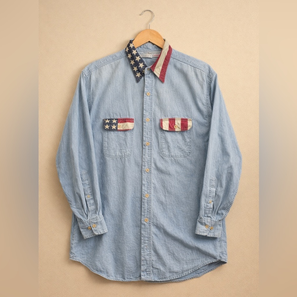 Chambray Blue Denim Shirt with Flag Accents Shaper Image Large